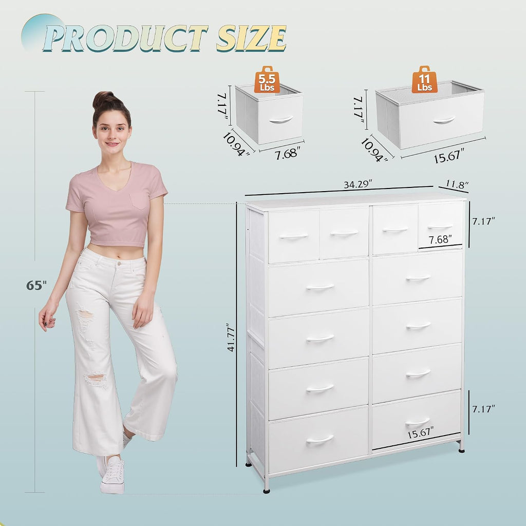 12 Drawer Tall White Fabric Dresser Bedroom Storage Chest | White tall 12-drawer fabric dresser with wood top