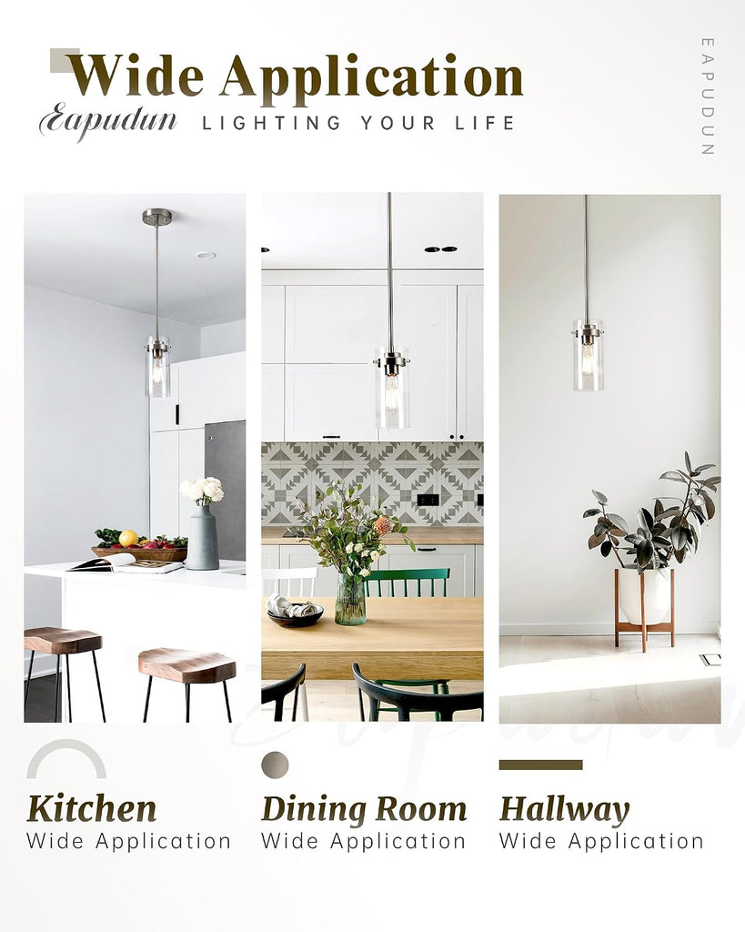 Pendant Light (2 Packs), Kitchen Ceiling Hanging Light, Adjustable Height, Kitchen Light Fixtures Brushed Nickel