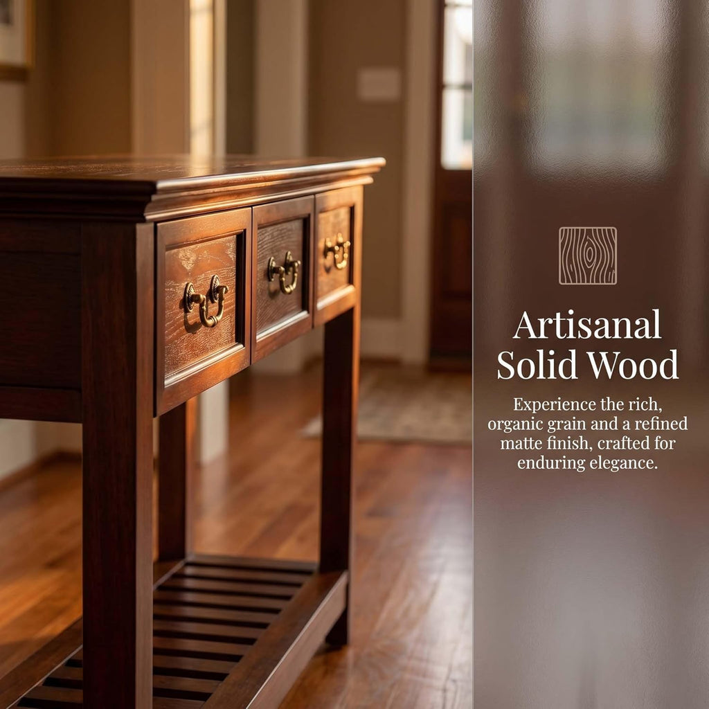 47'' Solid Wood Console Table with Storage, Narrow Long Rustic Sofa Table with 3 Drawers and Open Shelf, Farmhouse