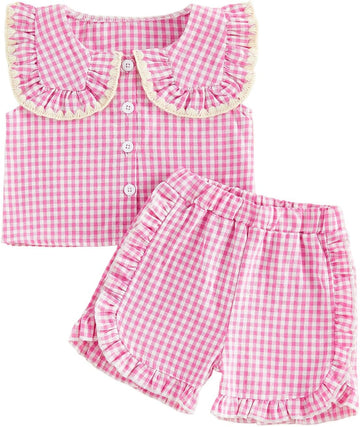 Toddler Baby Girl Summer Outfit Peter Pan Collar Sleeveless Vest Tank Top Ruffles Gingham Shorts Set Summer Clothes