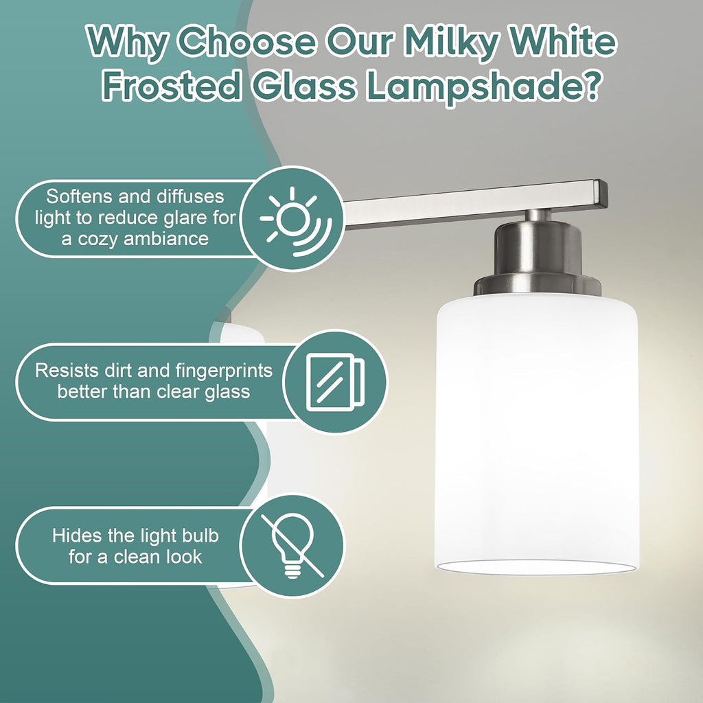 Bathroom Light Fixtures, 4-Light Vanity Light Over Mirror, Brushed Nickel Wall Sconces with Milky White Frosted Glass