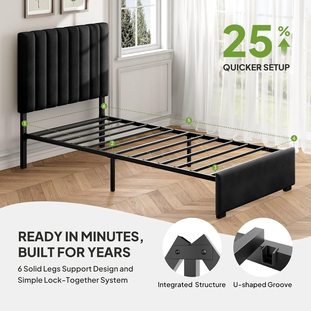 Twin Velvet Upholstered Bed Frame with Headboard for Kids, Black | Soft Velvet, Metal Platform Storage Bed, Vertical