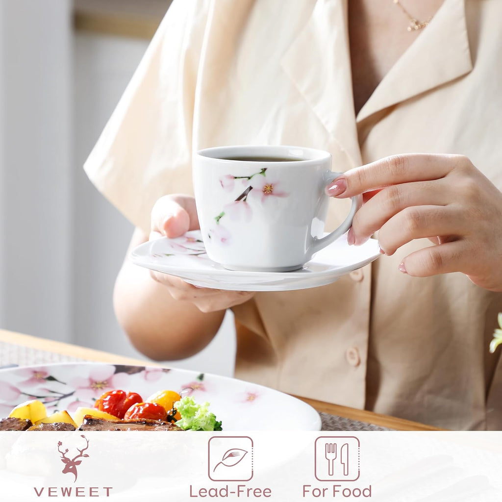 Annie Porcelain Dinnerware for 6, 30-Piece Pink Floral Dish Set With Plates and Bowls Including Dinner, Dessert, Soup