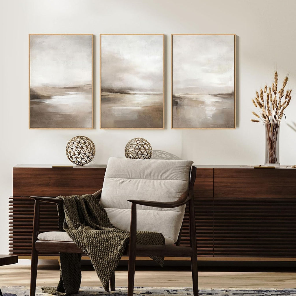 Neutral Abstract Framed Wall Art - Minimalist Modern Nordic Calm Canvas Print Set, Landscape Shapes Earth Tone
