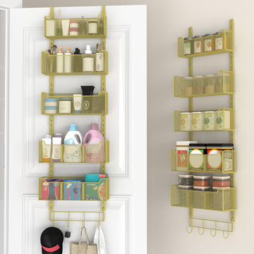 Over The Door Organizer, Metal Door Organizer Hanging with 5 Adjustable Baskets and Coat Hook, Behind The Door