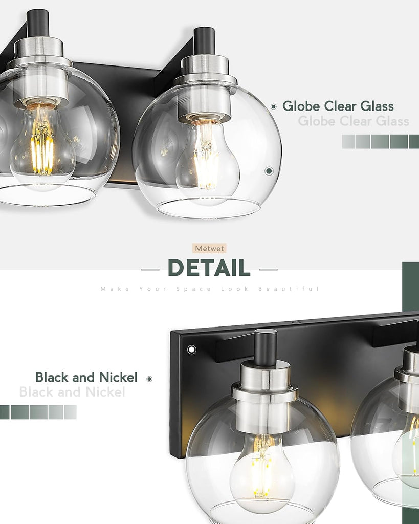4-Light Black and Nickel Bathroom Vanity Light, Clear Glass Globes | Ideal for 30-40" mirrors, 26" modern bathroom