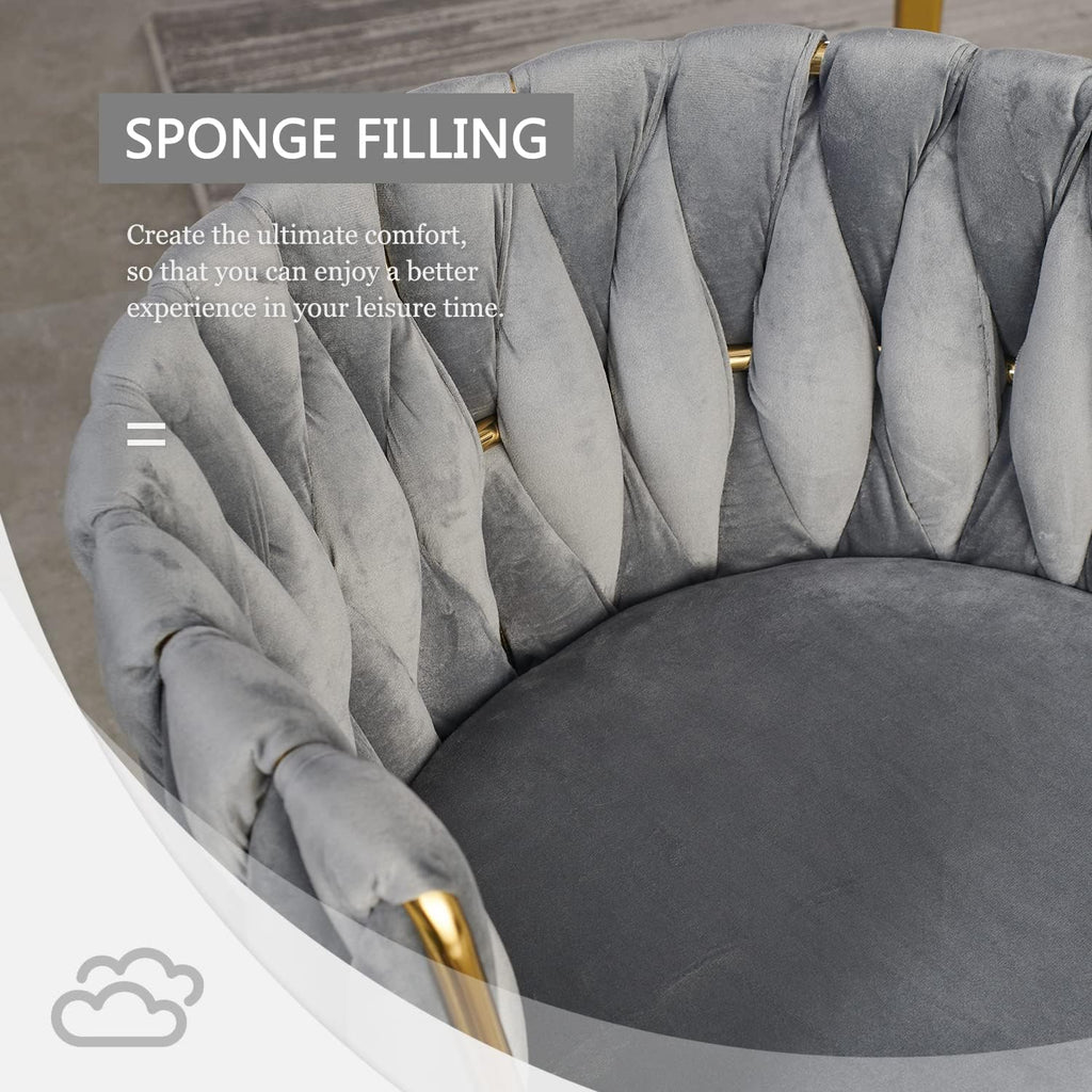 Velvet Dining Chairs Set of 6 with Golden Metal Legs and Woven Backrest - Grey