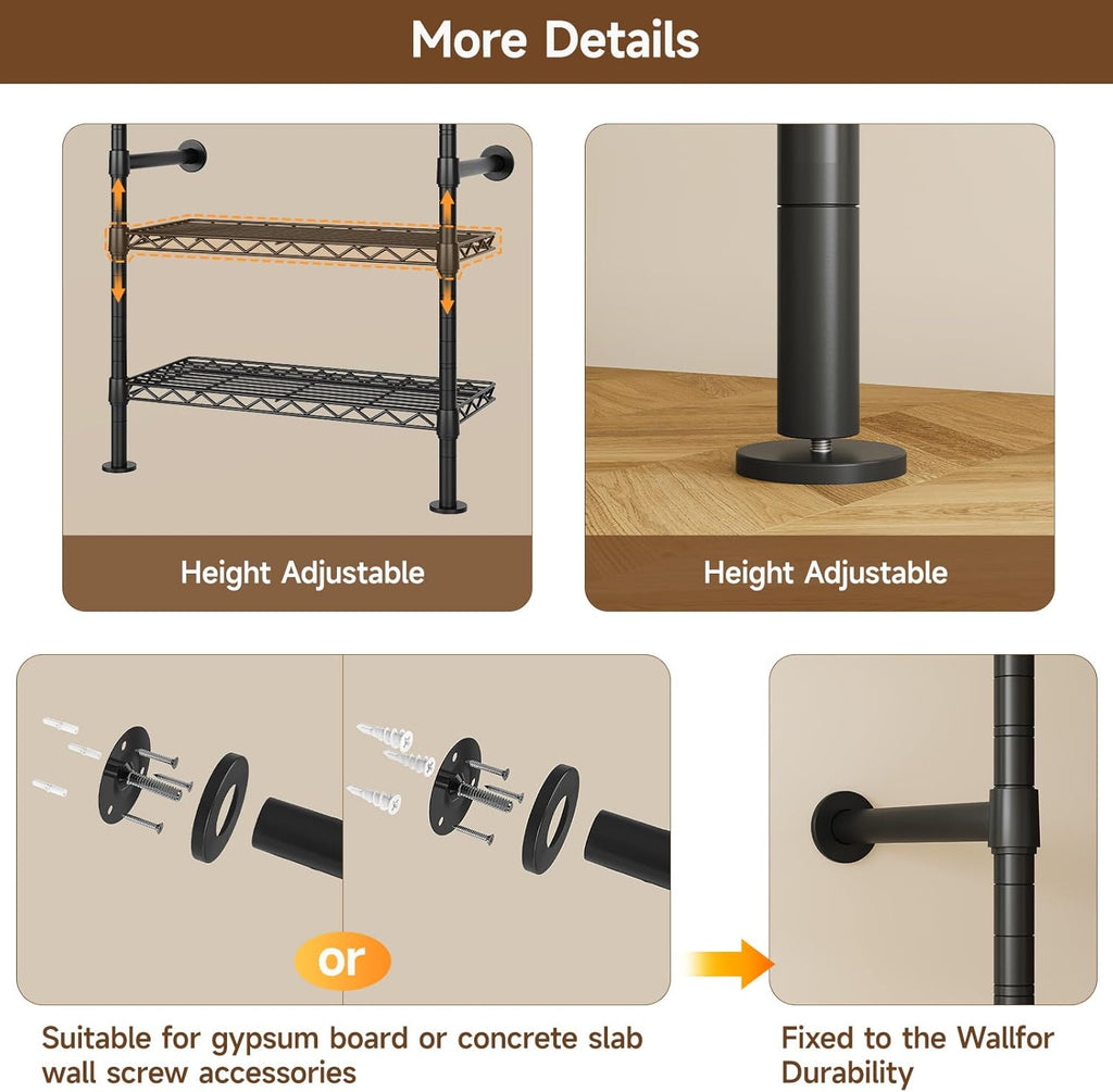H4 Wall Mounted Closet System, Expandable Industrial Pipe Clothes Rack Clothing Rack for Hanging Clothes, Heavy Duty