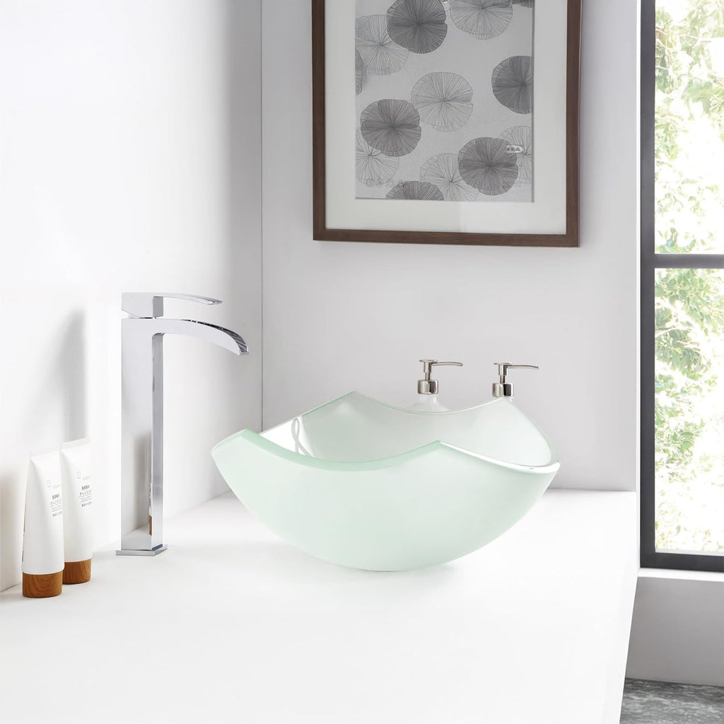 Pendant Modern Tempered Glass Vessel Bowl Sink in Lustrous Frosted, Top Mount Bathroom Sinks Above Counter