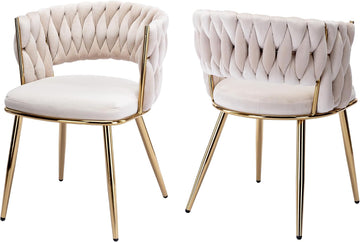 Velvet Woven Dining Chairs Set of 2, Modern Hand Weaving Dining Chair with Hollowed Backrest, Upholstered Club Chairs