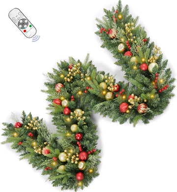 9FT Prelit Christmas Garland with Dual Color LED Lights, Timer & Remote, Battery Operated — Gold Ornament or Plain Green