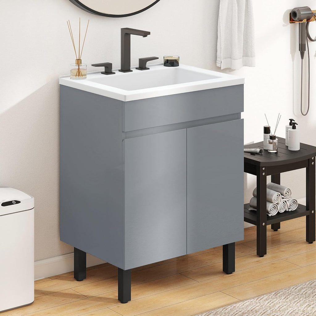 24 Inch Grey Bathroom Vanity with Undermount Sink, Modern Freestanding Sink Cabinet with Adjustable Legs, Soft-Close Double Doors & Drain