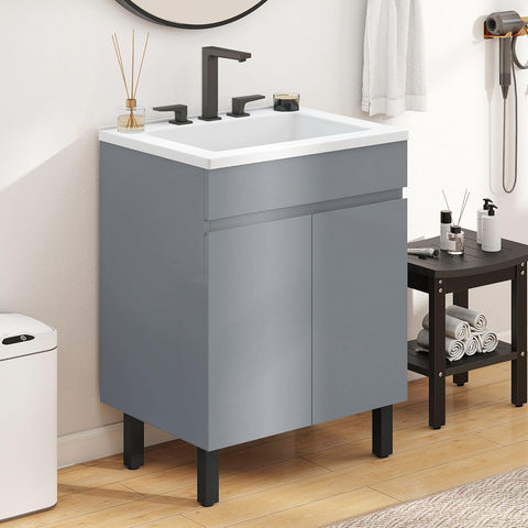 24 Inch Grey Bathroom Vanity with Undermount Sink, Modern Freestanding Sink Cabinet with Adjustable Legs, Soft-Close Double Doors & Drain
