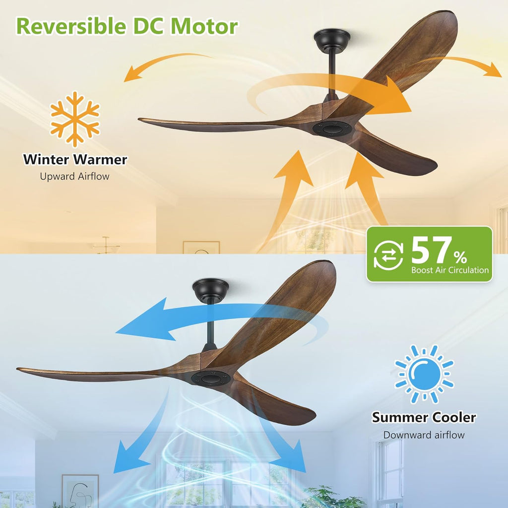 52 Inch Outdoor Ceiling Fan Without Light, 3 Blade Propeller Wood with Remote Control