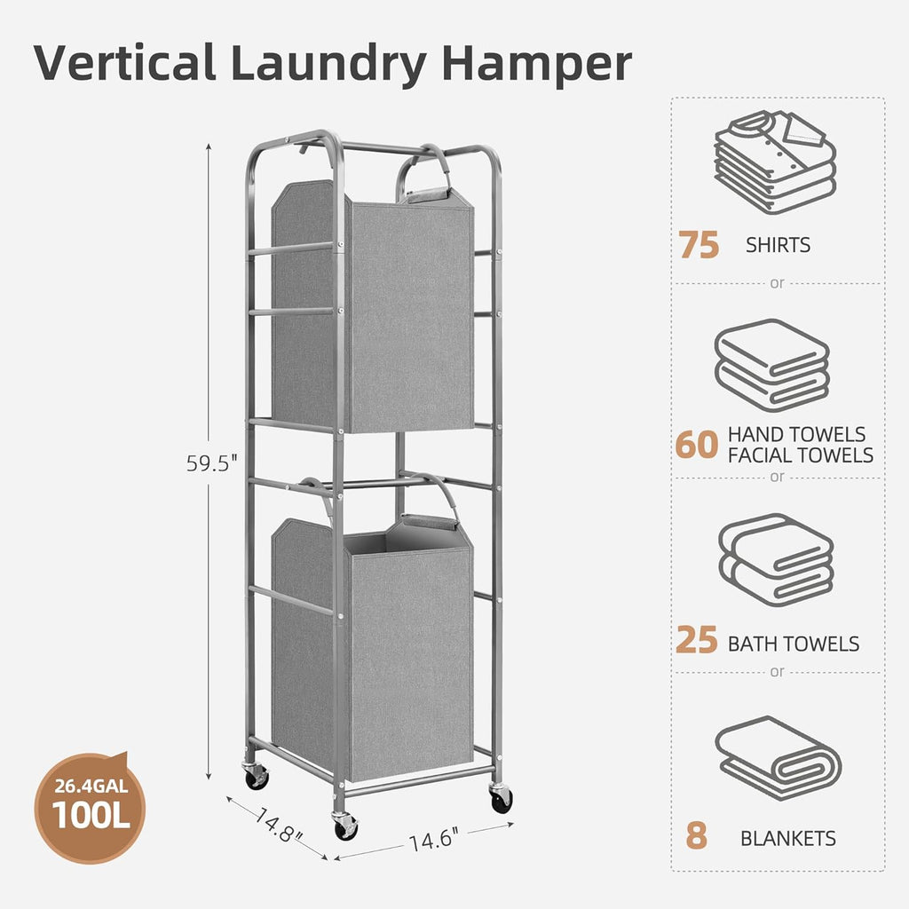 2 Tier Vertical Laundry Hamper, 2 Section Laundry Sorter with 2 Removable Tote Bags, Rolling Clothes Basket for