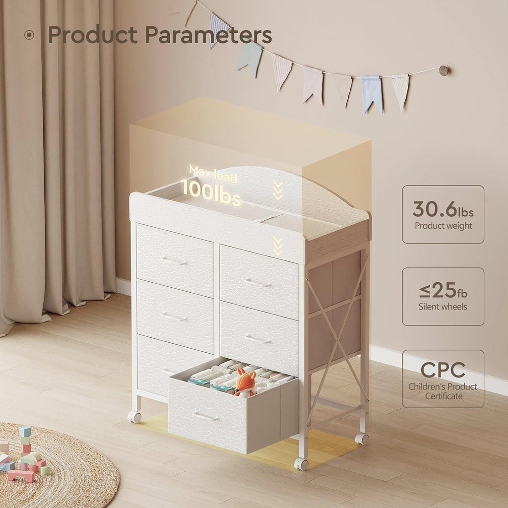 Changing Table Dresser, 6 Fabric Drawers, Mobile Storage, White | Changing Table,Waterproof Diaper pad & Safety