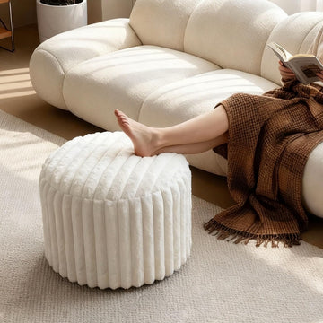 Round Stuffed Pouf Ottoman, Stripe Faux Fur Footrest, Solid Block Support+Soft Cushion Comfort, Removable Washable