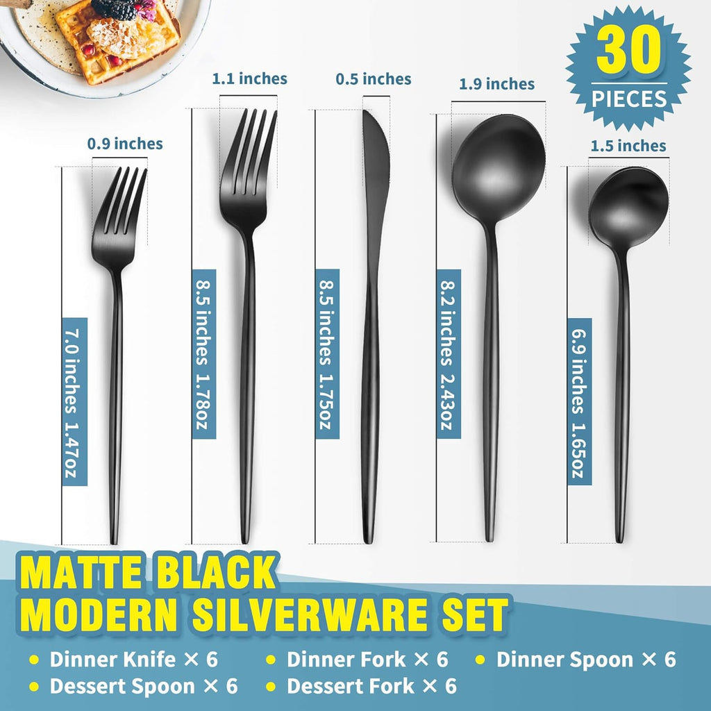 Matte Black Silverware Set for 6,Modern Stainless Steel Brushed Cutlery Set,30-Pieces Heavy Duty Flatware Set