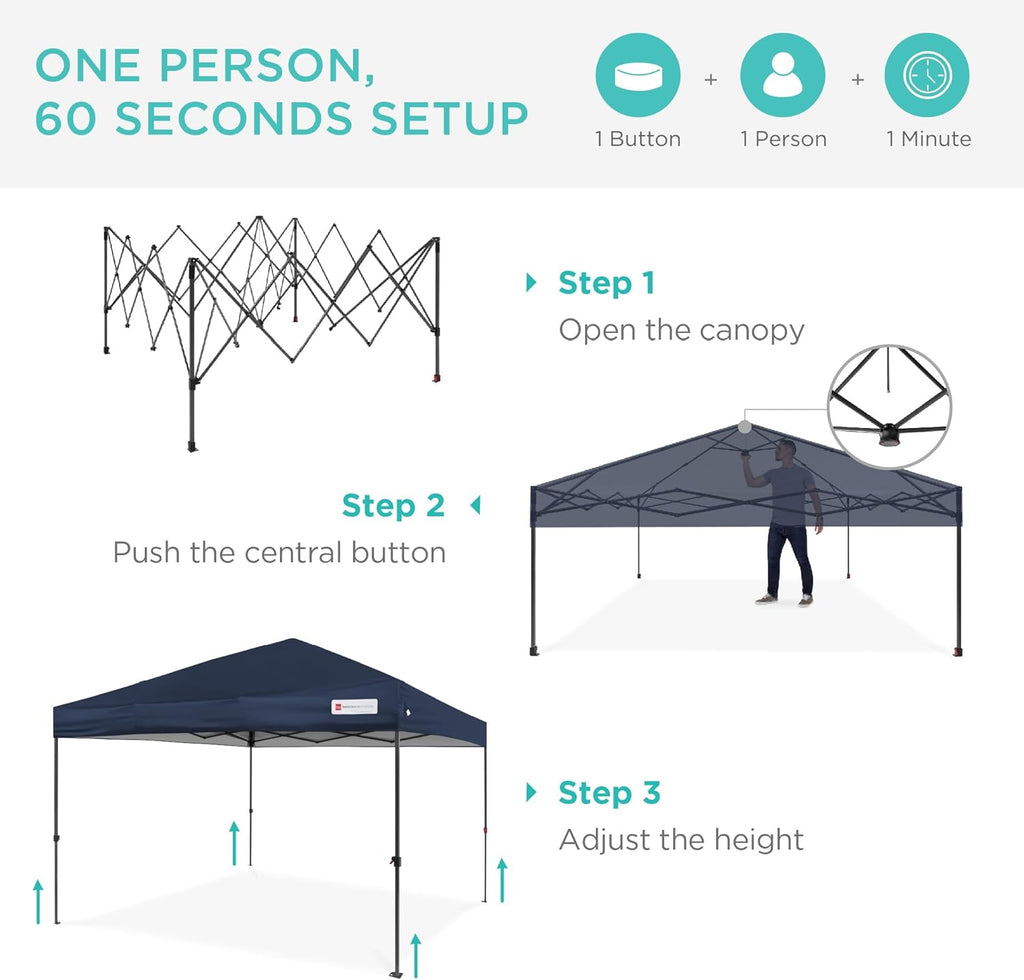 10x10ft Pop Up Canopy Tent, Outdoor Shade, 1 Person 1 Minute Set Up, Carry Case, 4 Weight Bags - Navy Blue