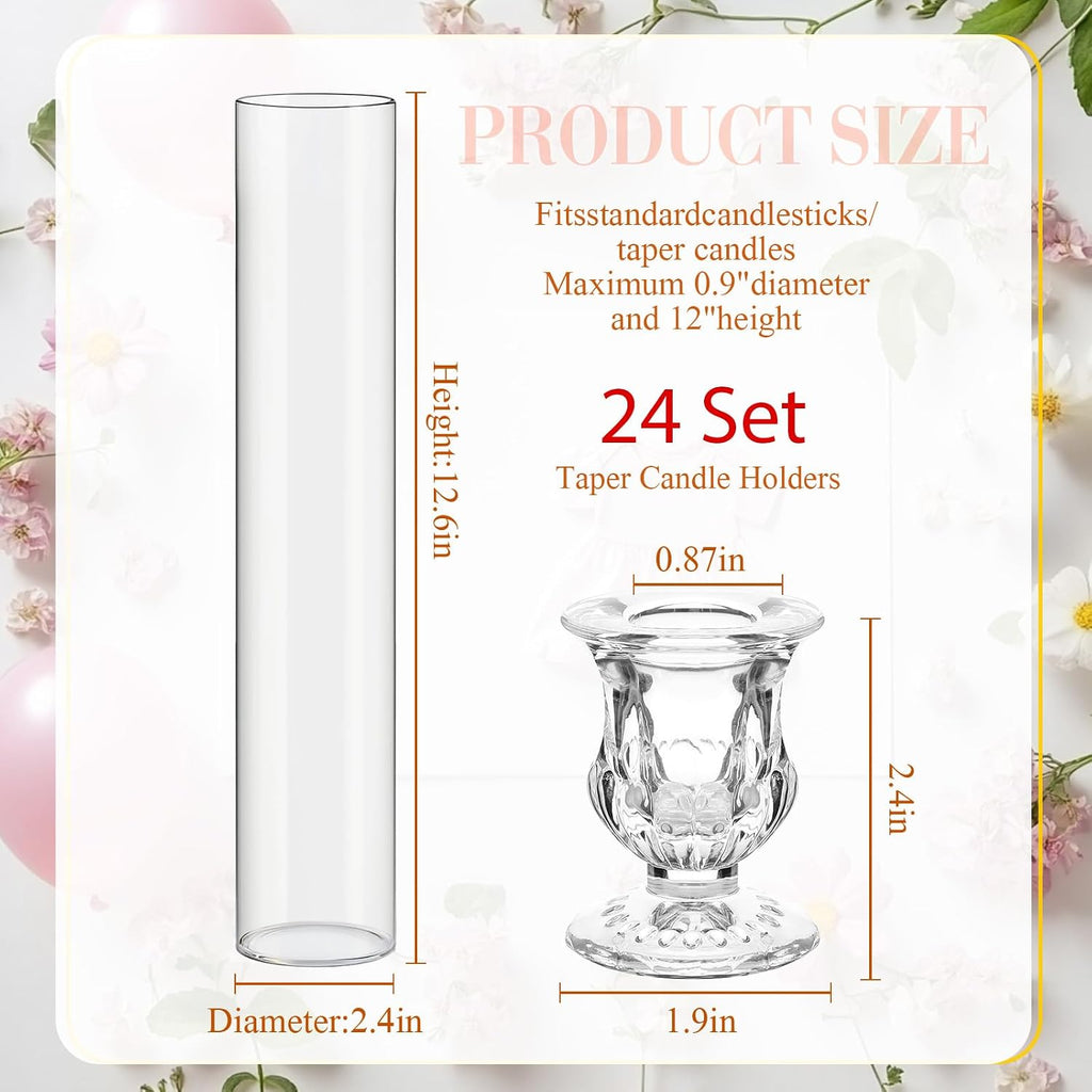 24 Set Glass Hurricane Candle Holders 11.8" Open Ended Glass Candleholder Tube Shape Bottomless and 1.9" Taper Clear