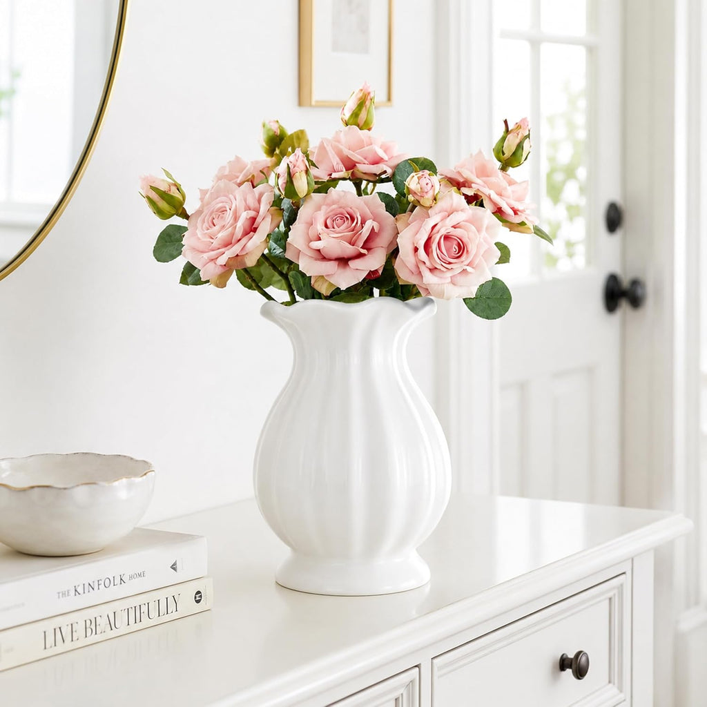 White Ceramic Vase, 7.8 Inch Farmhouse Flower Vase