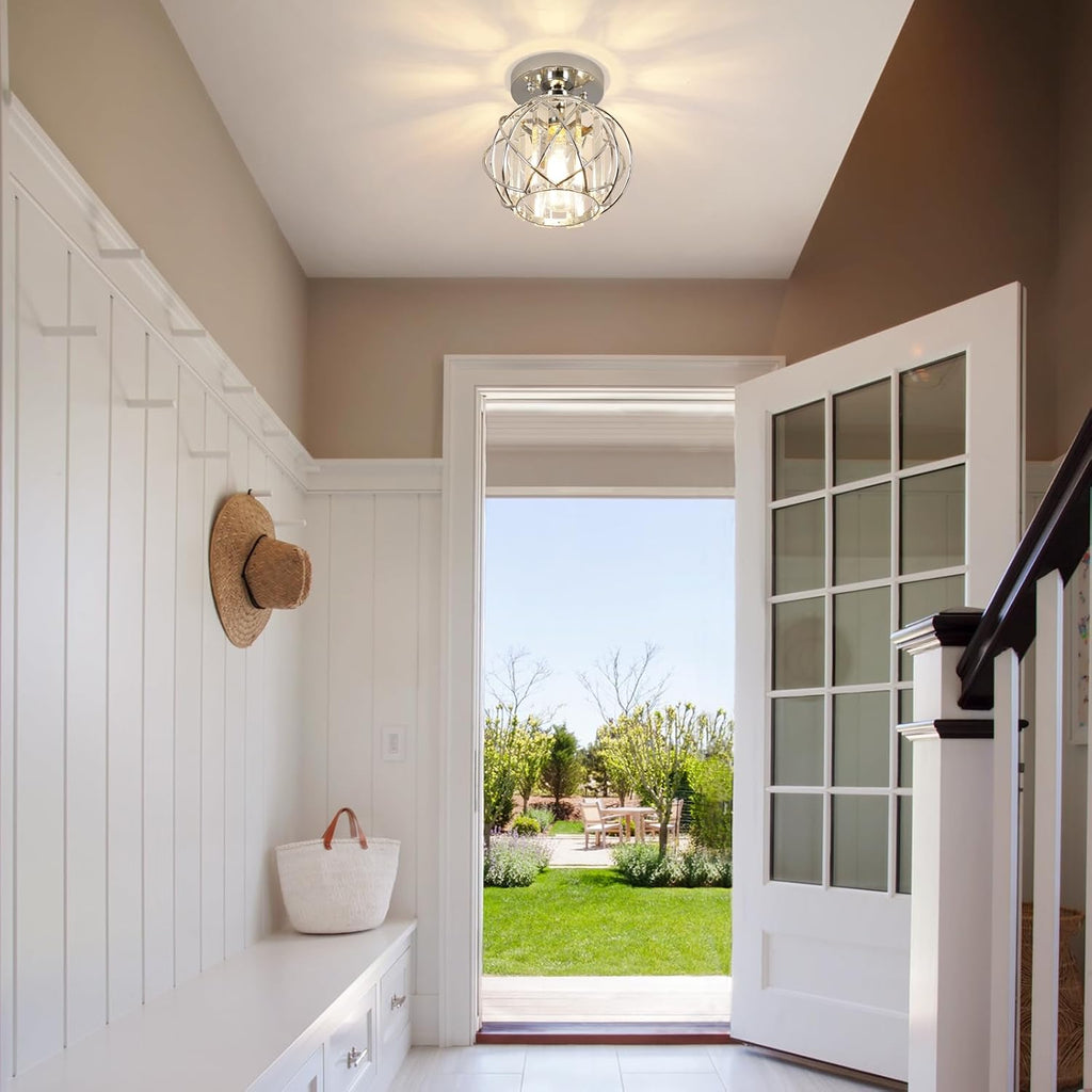 Hallway Light Fixtures Ceiling,Modern Chrome Crystal Ceiling Lights Fixture, Semi Flush Mount E26 Small Hallway
