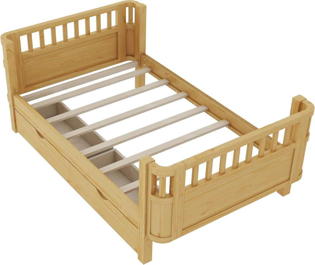 Twin Size Wood Floor Bed, Montessori Platform Daybed Frame with Safety Rails & Low Profile, Space Saving U-Shaped