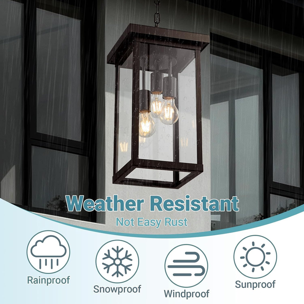 16'' Large Outdoor Pendant Light 3-Lights Oil Rubbed Bronze Outdoor Chandelier Exterior Hanging Porch Light Fixtures