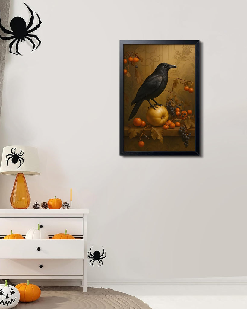 Halloween Crow Wall Art Canvas Framed Poster Painting Print Picture, Dark Academia Raven Bird Gothic Still Life