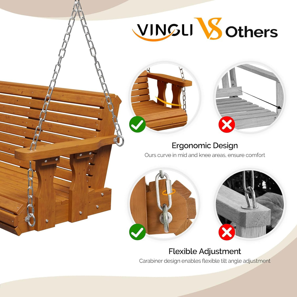 2026 Upgraded 5 FT Wooden Porch Swing, 880 LBS Heavy Duty, Brown | 2026 Upgraded Design; Heavy-Duty Wooden Swing;