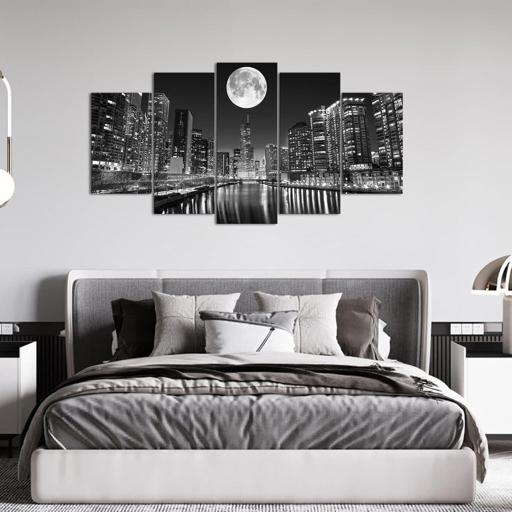 5 Panel Chicago Skyline Wall Art Cityscape at Moon Night Picture Canvas Prints Modern Black and White City Painting