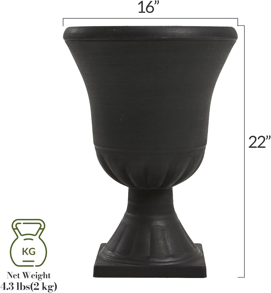 2-Pack Plastic Urn Planters for Outdoor Plants, 22'' Black Tall Round Classic Resin Traditional Flower Pots - 15 in.