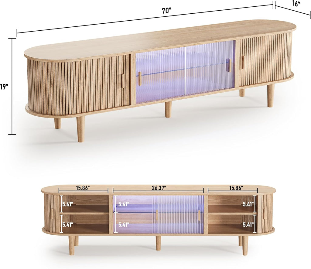 70" Fluted TV Stand with LED Lights for TVs up to 75 Inch, Mid Century Modern Entertainment Center with Sliding Doors