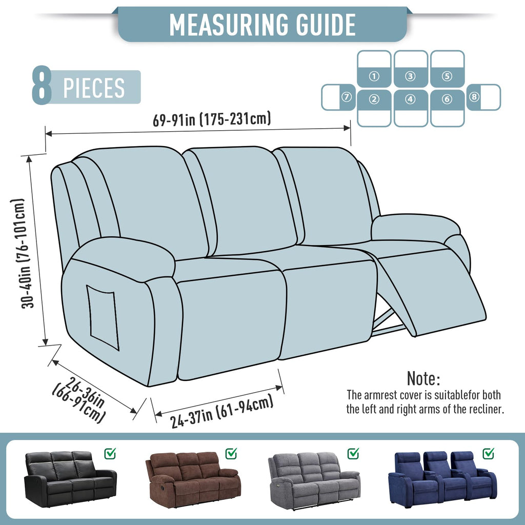 Stretch Recliner Sofa Covers 8 Piece, Dusty Blue