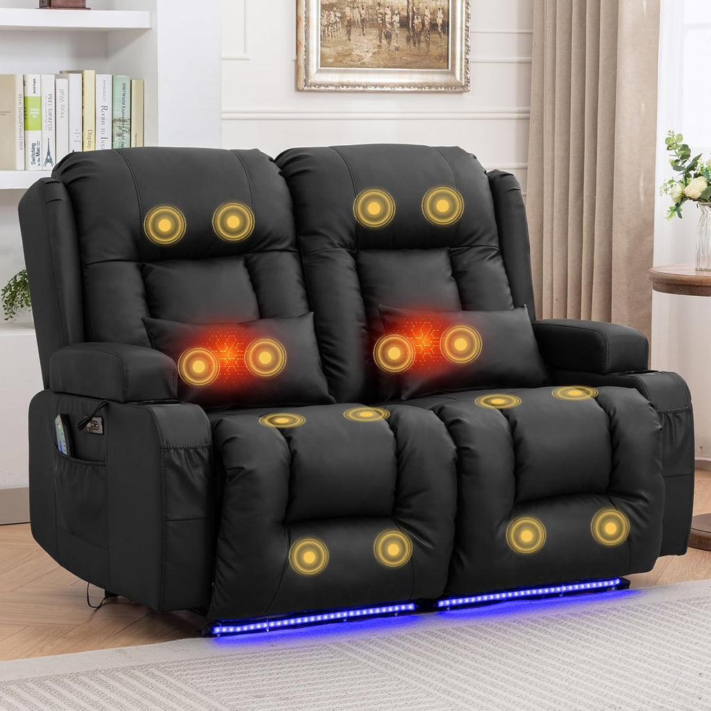 54" Power Loveseat Recliner Sofa, Electric Home Theater Seating with Massage Heat/4 Colors Ambient Lights/USB