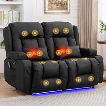54" Power Loveseat Recliner Sofa, Electric Home Theater Seating with Massage Heat/4 Colors Ambient Lights/USB