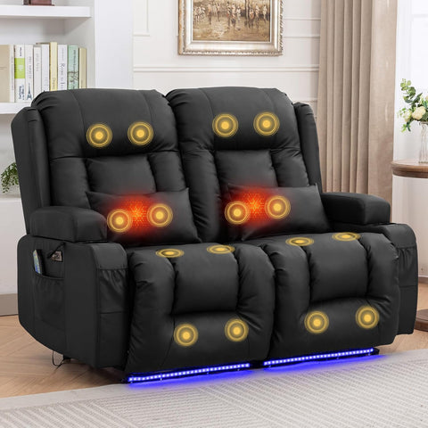 54" Power Loveseat Recliner Sofa, Electric Home Theater Seating with Massage Heat/4 Colors Ambient Lights/USB