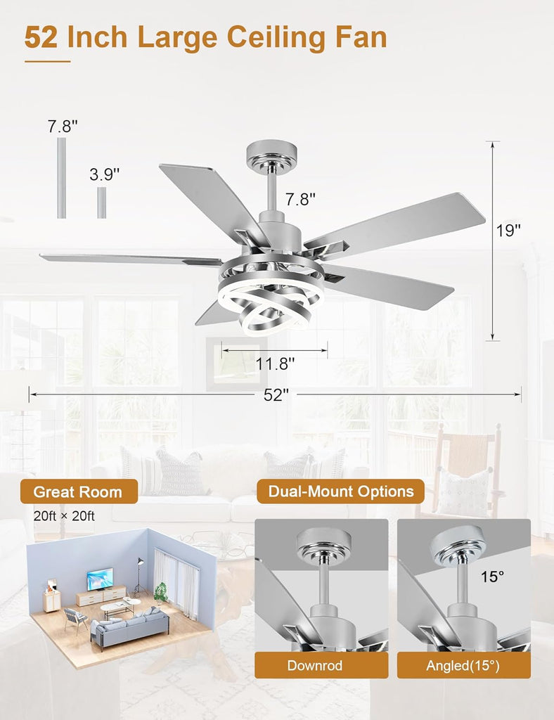 52" Ceiling Fan with Light Chandelier Fan Modern DC Motor Dimmable Led Fandelier Ceiling Fan with Light