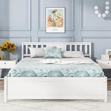 Queen Solid Wood Platform Bed Frame, Mid Century Queen Bed Frame with Headboard, Wooden Slat Support, Queen Panel