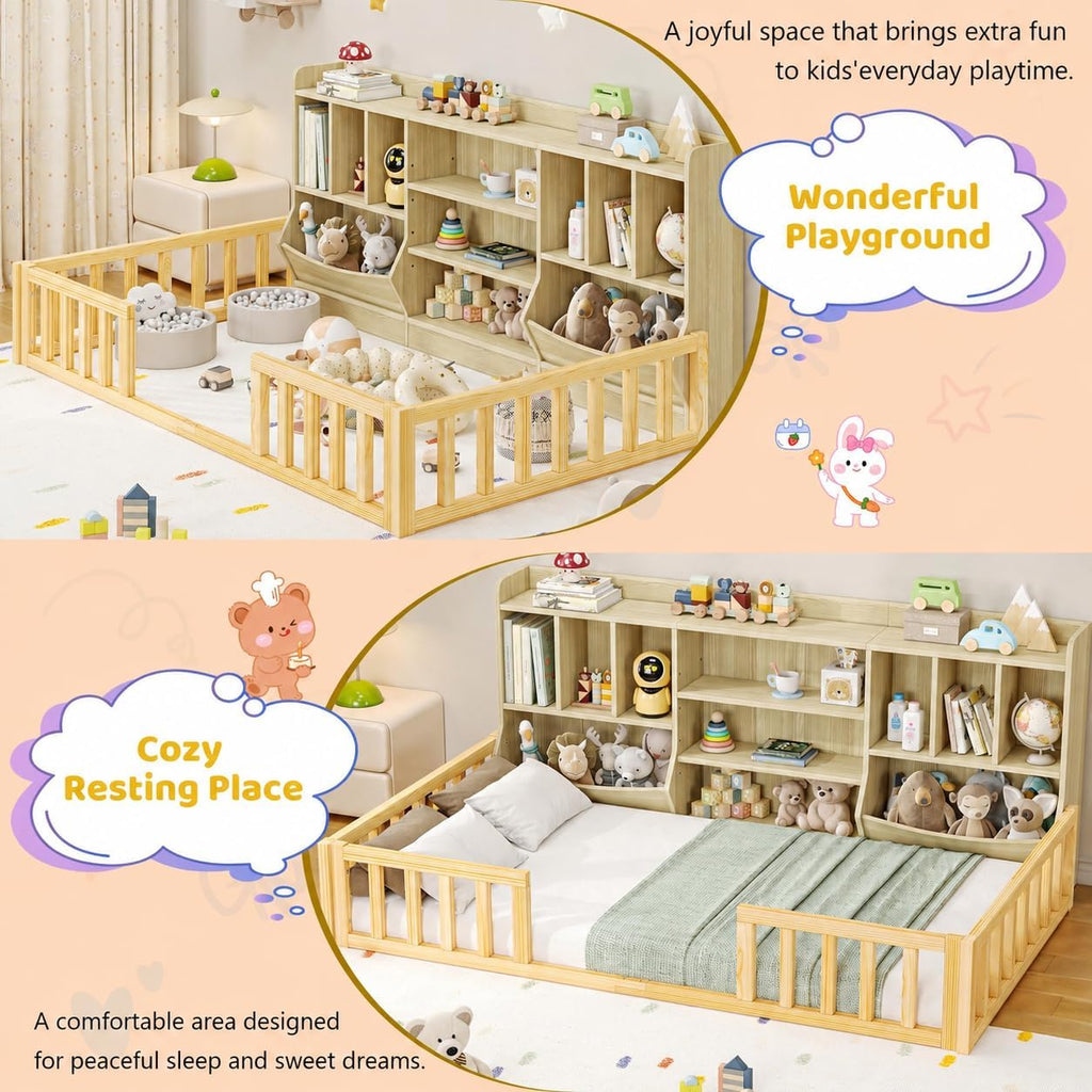 Full Size Floor Bed with High Solid Guardrail & 4-Tier Storage Cabinet, Premium Wood Bed Frame for Kids, Boys and