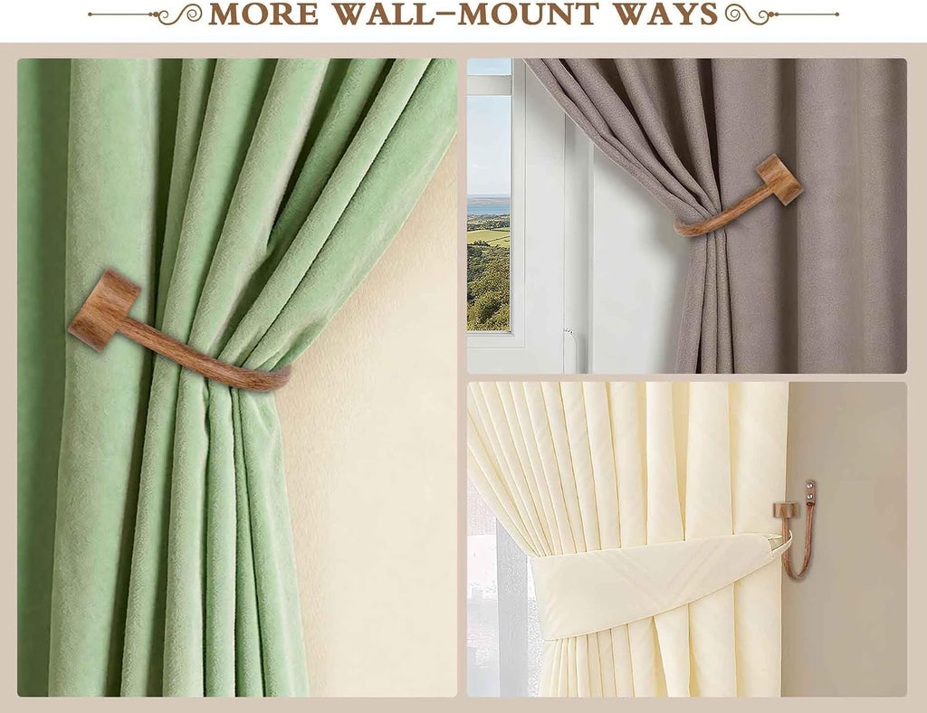 Curtain Holdbacks for Wall, Wood Grain Curtain Hooks Wall Mounted, Curtain Tiebacks Holders for Drapes, Modern Cap