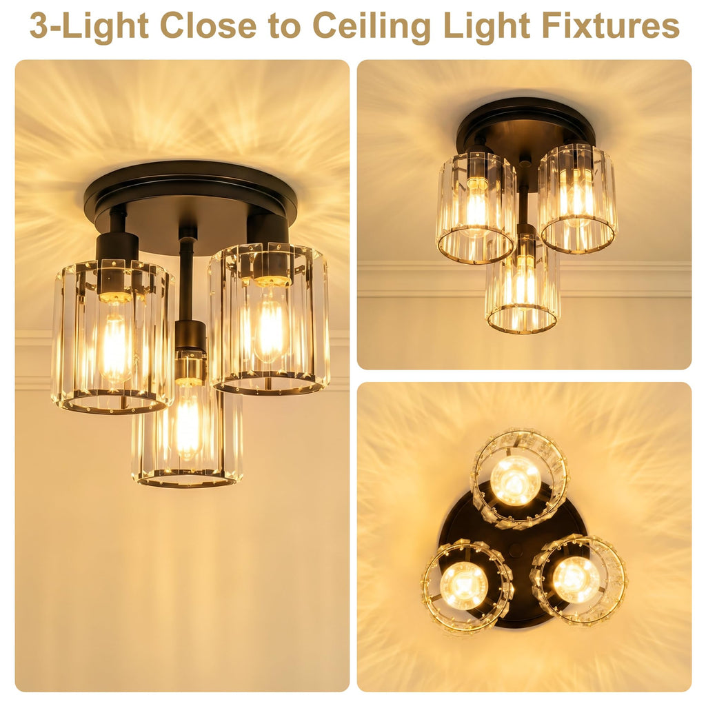 Crystal Semi Flush Mount Ceiling Light, 3-Light Modern Close to Ceiling Light Fixtures, Black Kitchen Light Fixture