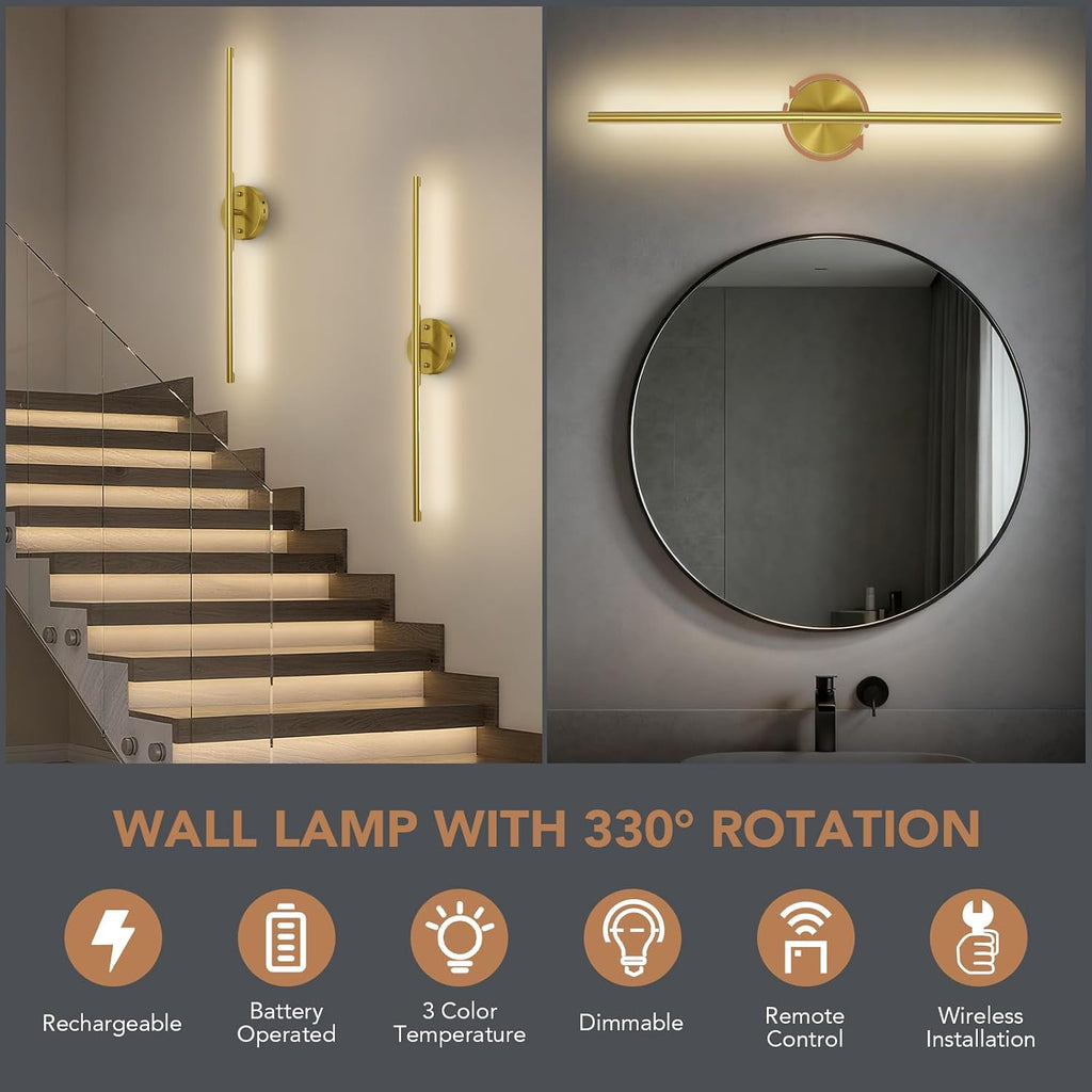 Battery Operated Wall Sconce Set of 2, Rechargeable Wall Lamp with 6000mAh Dimmable Bulbs and Remote, 3000K-6500K LED