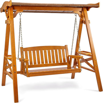 Porch Swing with Stand and Canopy, Waterproof Patio Swing, Brown | Waterproof Canopy; Sturdy Swing Stand; Built-in