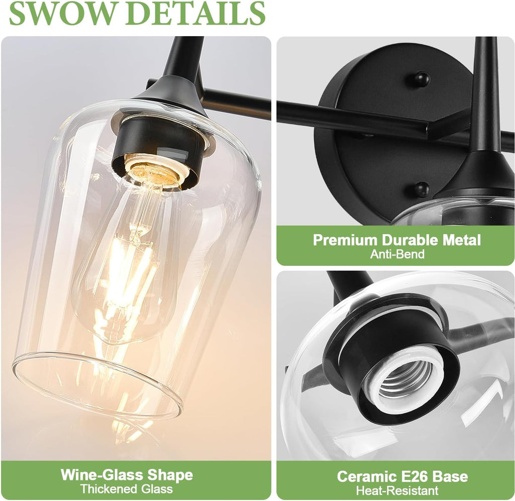 3-Light Bathroom Light Fixtures, Black Vanity Lights with Clear Glass, 19.5 Inch Bathroom Lighting Fixtures Over