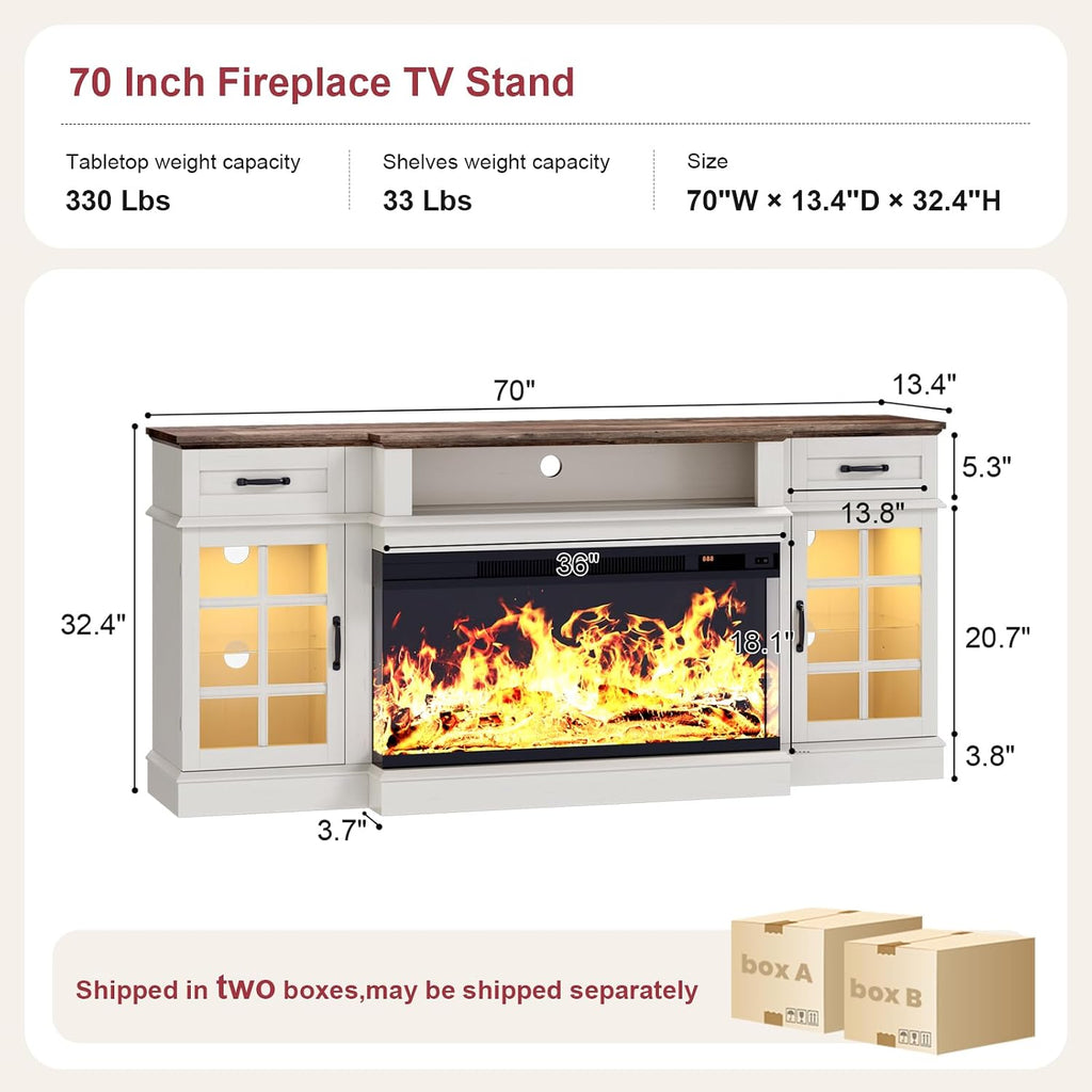 70" TV Stand with 36" Electric Fireplace, Entertainment Center Console Table for TV up to 80'', Fireplace TV Stand