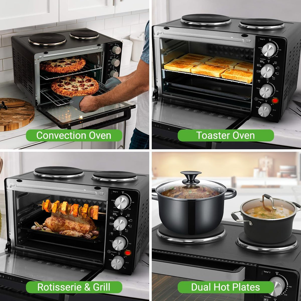 2-in-1 Convection Oven & Cooker - 30 Quart, 1500W Multi-Function Kitchen Oven with Dual Hot Plates, 7 Cooking Modes