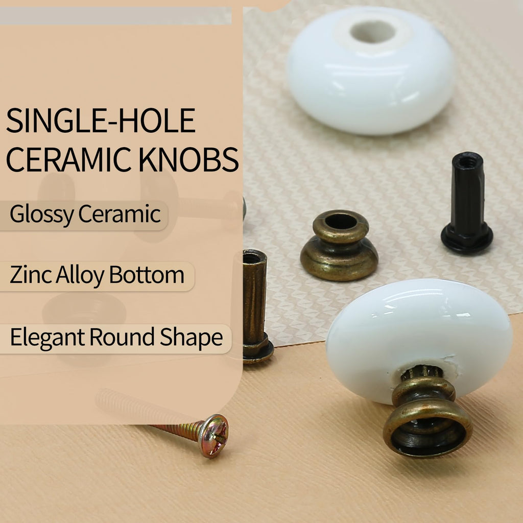 6pcs White Ceramic Cabinet Knobs, Large Round Drawer Knobs