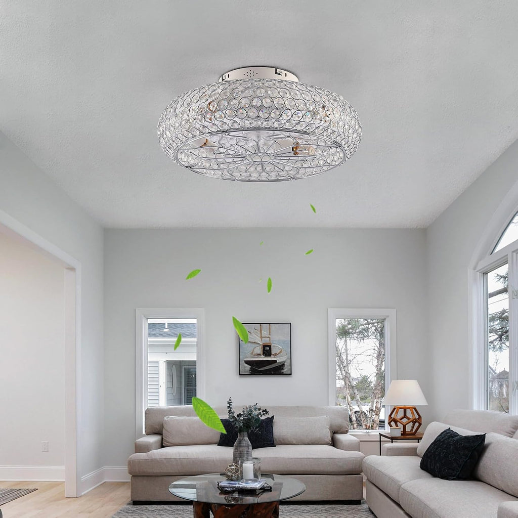 Caged Crystal Ceiling Fans with Lights and Remote,20" Flush Mount Low Profile Ceiling Fan with Light