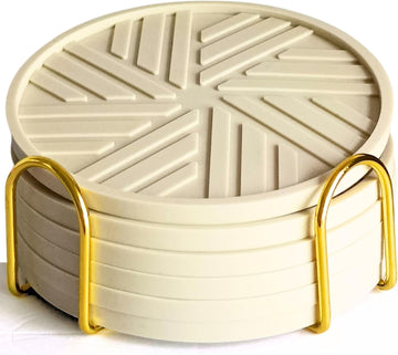 Silicone Coasters - with Gold Holder, smart Modern Grooved Pattern Protecs to Coffee Tables, Beige - Set of 6